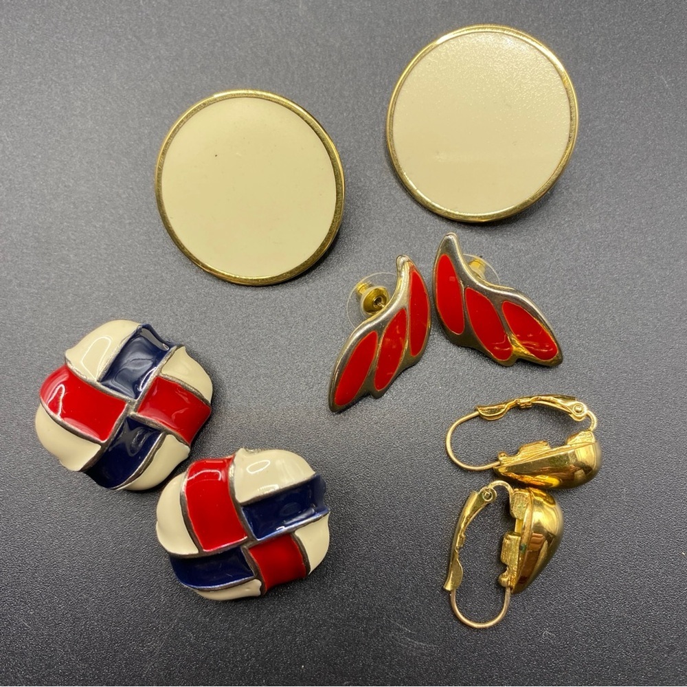 Bundle Earrings 4 Pairs Pierced MONET Gold Tone Enameled Red Blue Cream Vintage